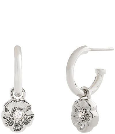 COACH Signature Tea Rose Charm Huggie Hoop Drop Earrings