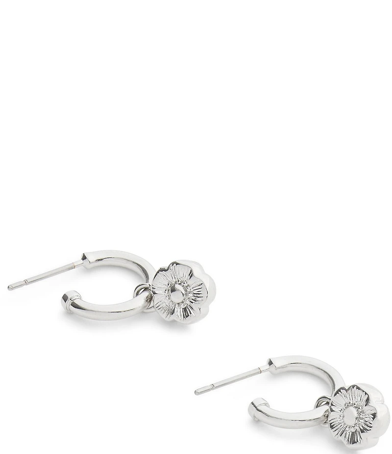 COACH Signature Tea Rose Charm Huggie Hoop Drop Earrings
