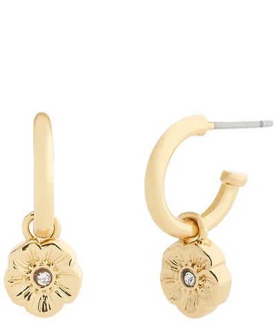 COACH Signature Tea Rose Charm Huggie Hoop Earrings