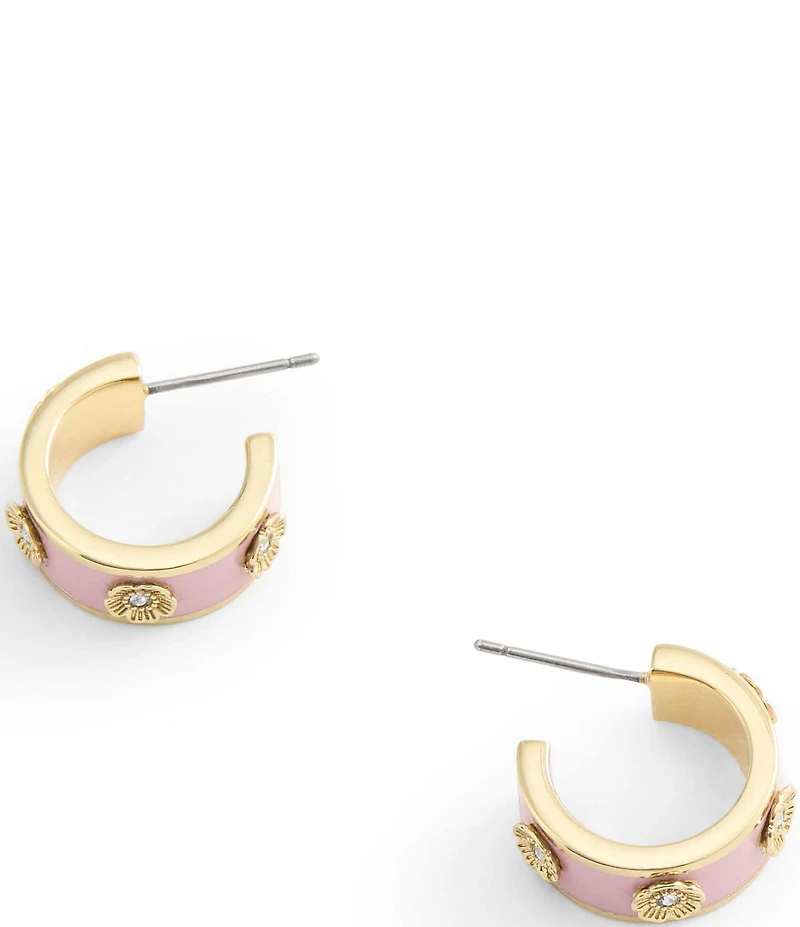 COACH Signature Tea Rose Enamel Huggie Hoop Earrings