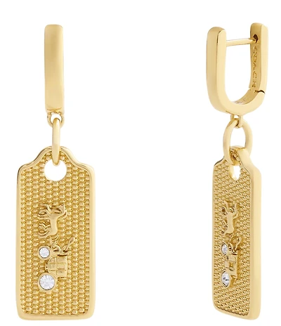 COACH Signature Textured Hangtag Charm Huggie Hoop Drop Earrings