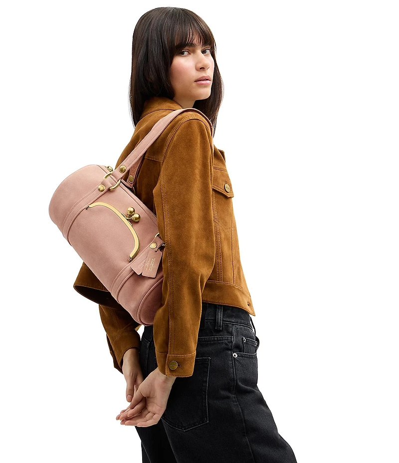 COACH Suede Kisslock Barrel Bag