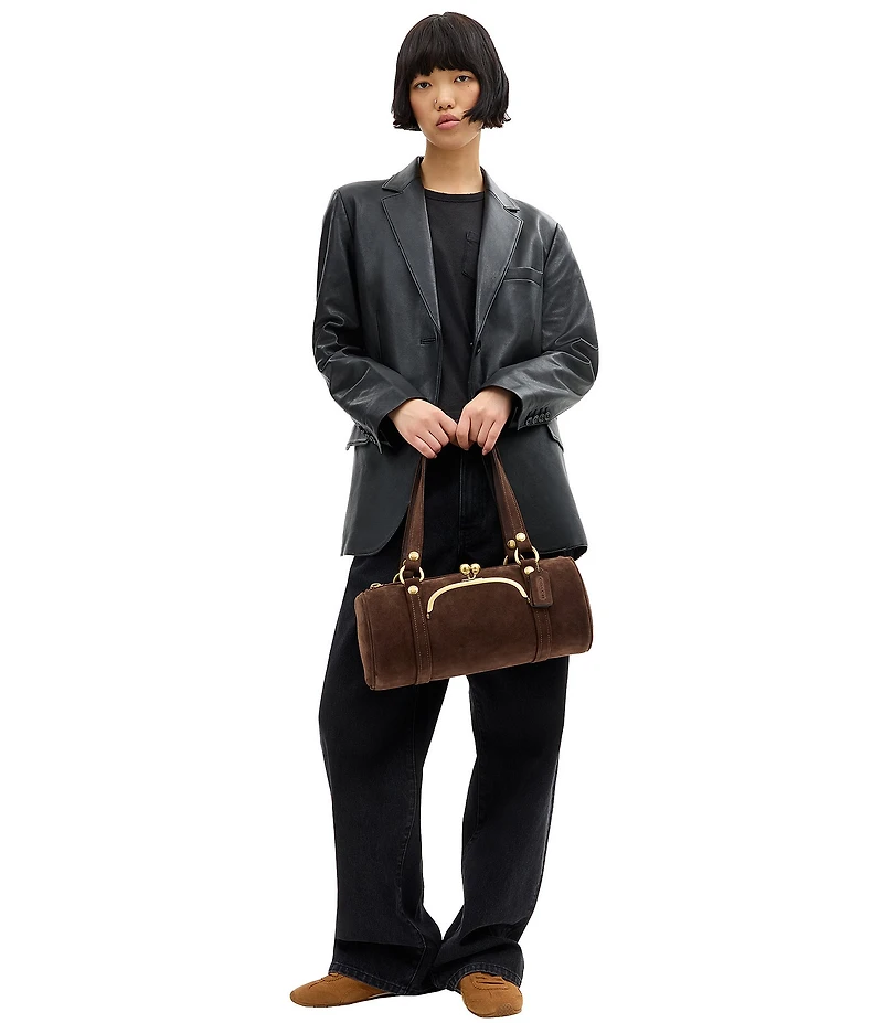 COACH Suede Kisslock Barrel Bag