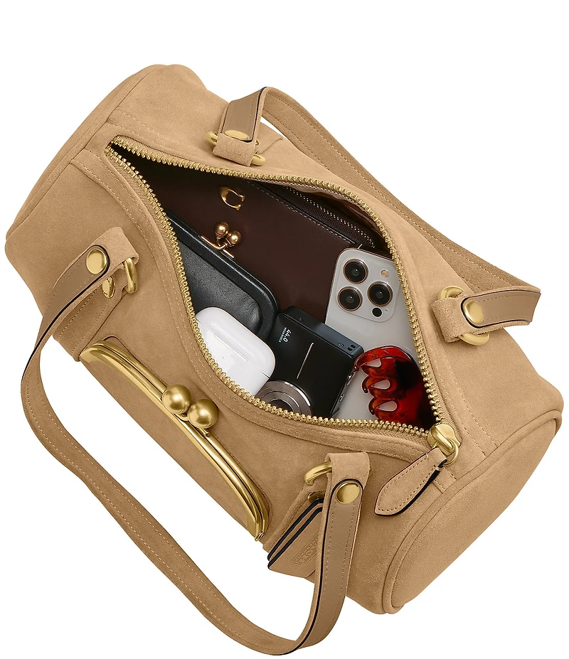 COACH Suede Kisslock Barrel Bag