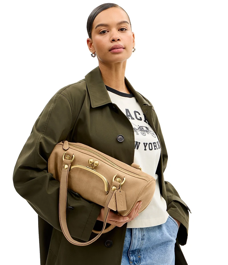 COACH Suede Kisslock Barrel Bag
