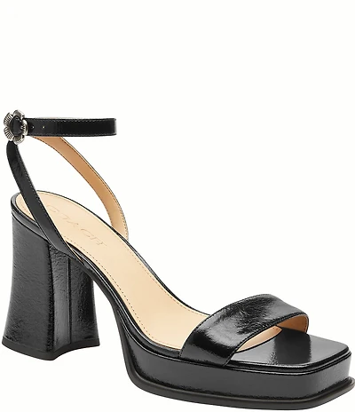 COACH Tea Rose Glazed Leather Ankle Strap Platform Sandals