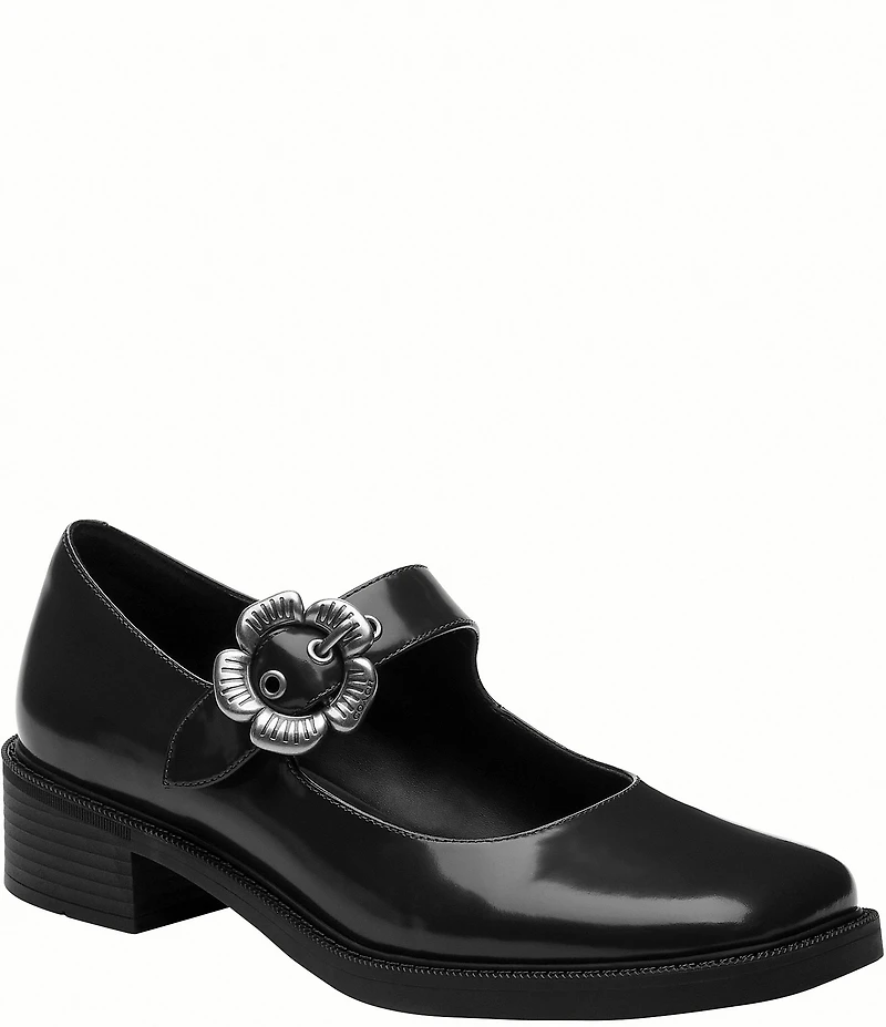 COACH Tea Rose Leather Square Toe Floral Hardware Mary Jane Pumps