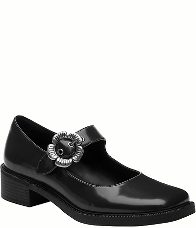 COACH Tea Rose Leather Square Toe Floral Hardware Mary Jane Pumps