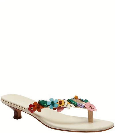 COACH Tea Rose Leather Thong Floral Kitten Heel Sandals
