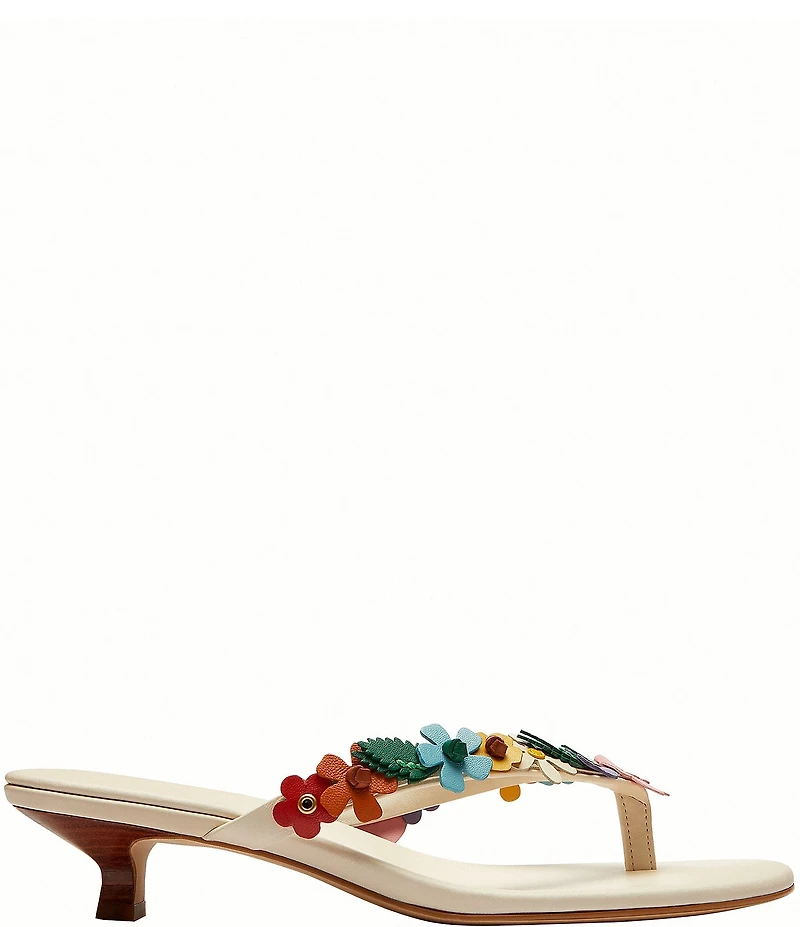 COACH Tea Rose Leather Thong Floral Kitten Heel Sandals