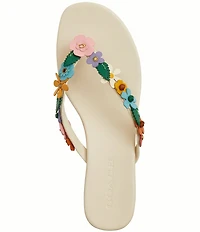 COACH Tea Rose Leather Thong Floral Kitten Heel Sandals