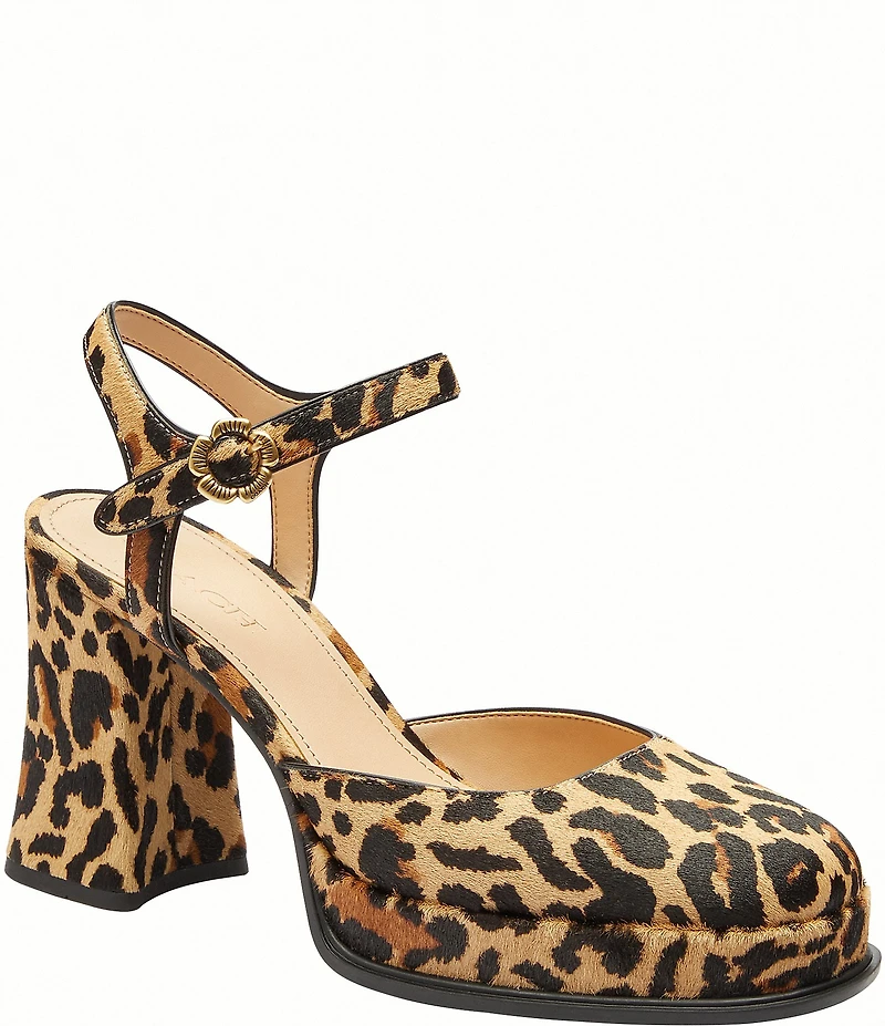 COACH Tea Rose Leopard Print Calf Hair Ankle Strap Platform Pumps