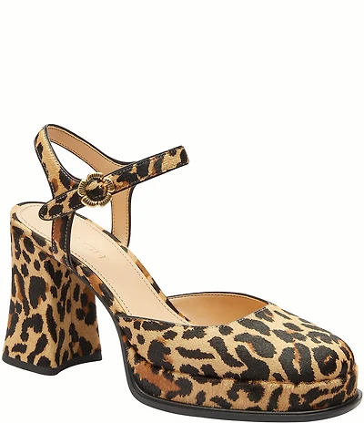 COACH Tea Rose Leopard Print Calf Hair Ankle Strap Platform Pumps