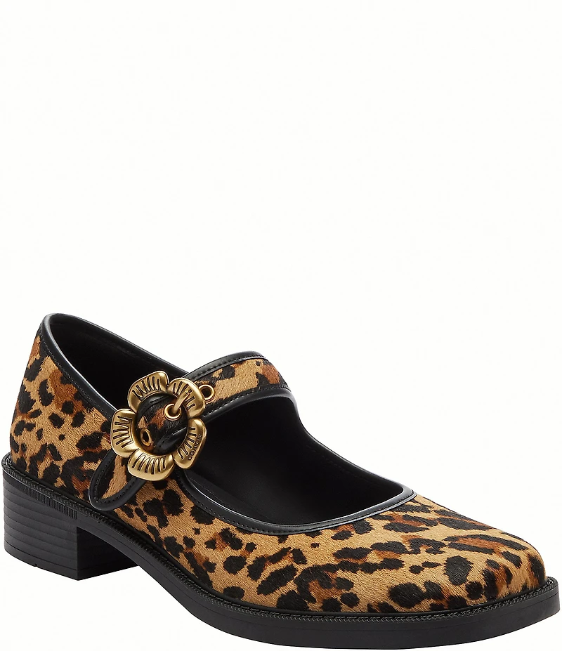COACH Tea Rose Leopard Print Hair Calf Floral Hardware Mary Jane Pumps