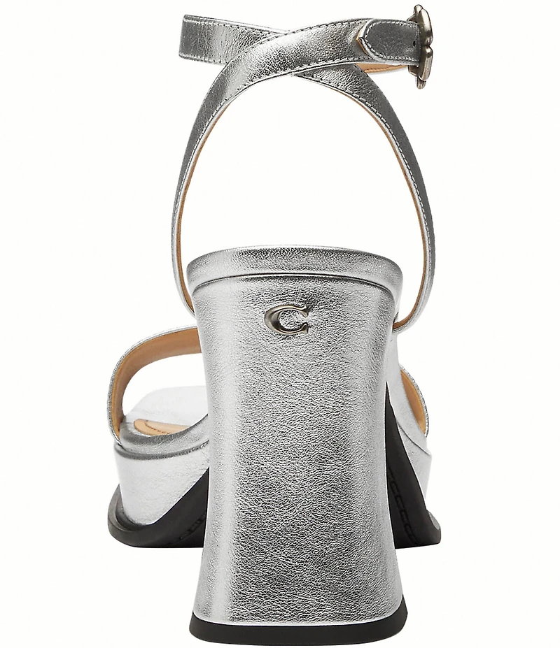 COACH Tea Rose Metallic Leather Ankle Strap Platform Sandals