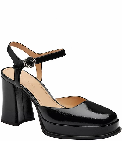 COACH Tea Rose Patent Leather Ankle Strap Block Heel Pumps