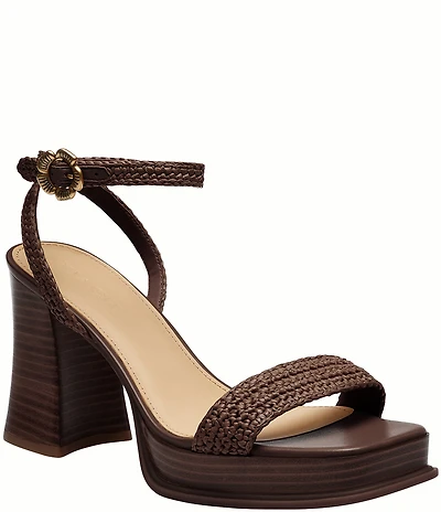 COACH Tea Rose Raffia Platform Block Heel Sandals