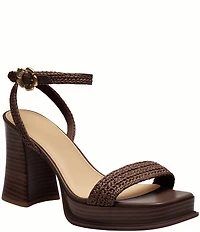 COACH Tea Rose Raffia Platform Block Heel Sandals