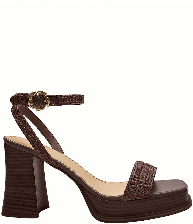 COACH Tea Rose Raffia Platform Block Heel Sandals