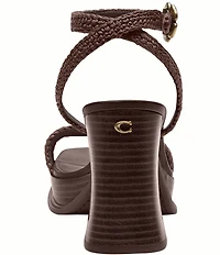 COACH Tea Rose Raffia Platform Block Heel Sandals