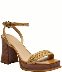 COACH Tea Rose Raffia Platform Block Heel Sandals
