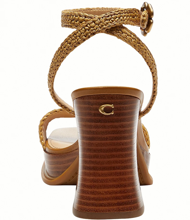 COACH Tea Rose Raffia Platform Block Heel Sandals