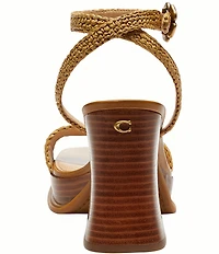 COACH Tea Rose Raffia Platform Block Heel Sandals