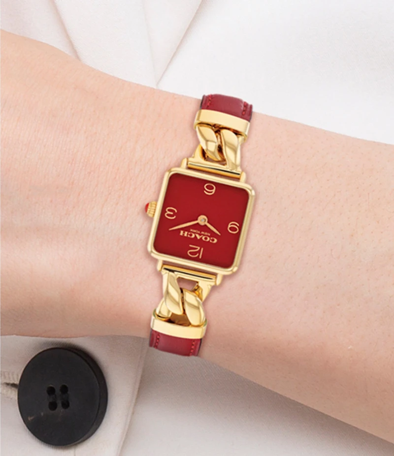 COACH Women's Cass Quartz Analog Gold-Tone Stainless Steel and Black Leather Strap Watch