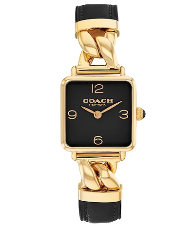COACH Women's Cass Quartz Analog Gold-Tone Stainless Steel and Black Leather Strap Watch