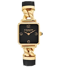 COACH Women's Cass Quartz Analog Gold-Tone Stainless Steel and Black Leather Strap Watch
