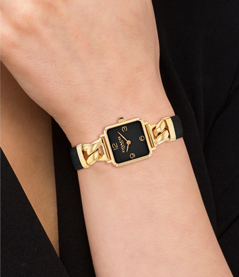 COACH Women's Cass Quartz Analog Gold-Tone Stainless Steel and Black Leather Strap Watch
