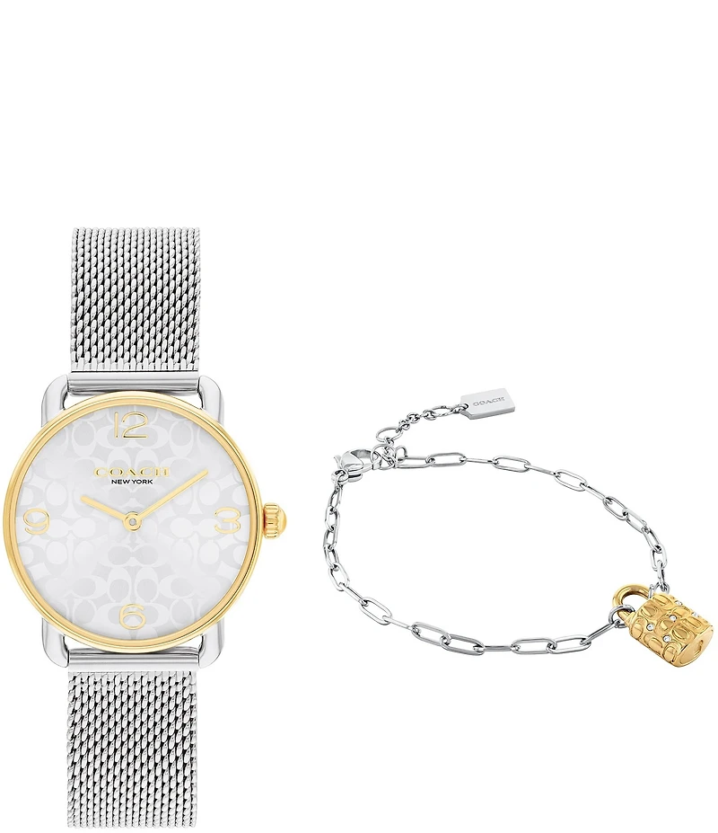 COACH Women's Elliot Quartz Analog Two Tone Stainless Steel Mesh Bracelet Watch and Bracelet Set