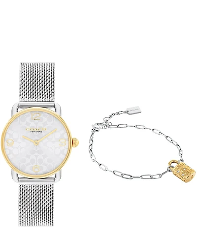 COACH Women's Elliot Quartz Analog Two Tone Stainless Steel Mesh Bracelet Watch and Bracelet Set