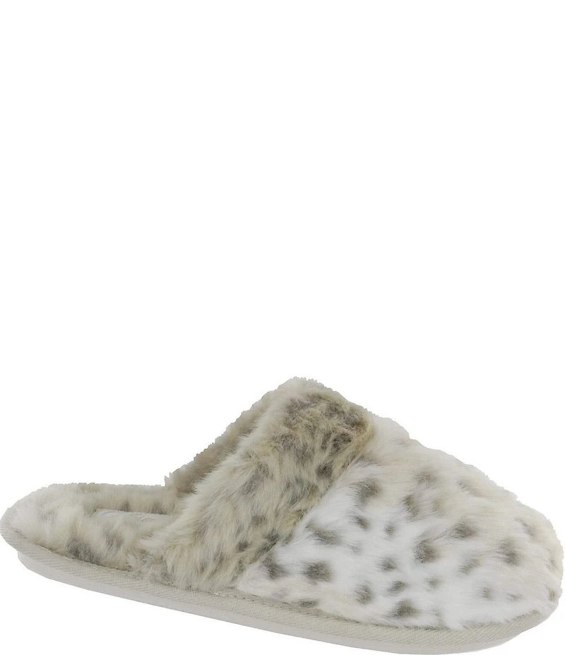 Cobian Minouu Fuzzy Faux Fur Snow Leopard Mule Slippers