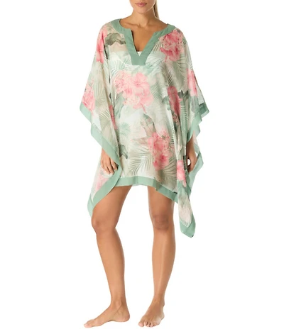 Coco Contours Hibiscus Split V-Neck Dolman Sleeve Cover-Up Caftan