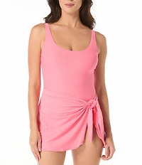 Coco Contours Solid Scoop Neck Sarong One Piece Swimdress