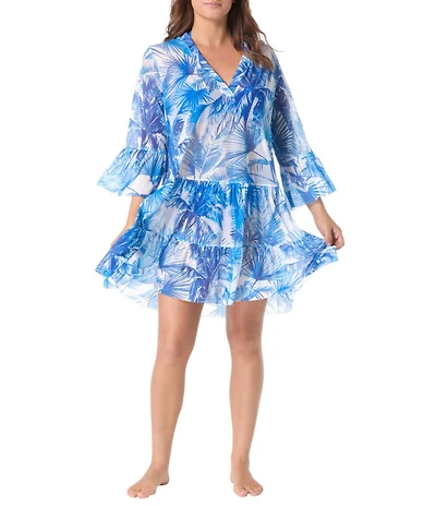 Coco Reef Palm Tree Paradise Enchant Mesh Bell Sleeves Tiered Dress Swim Cover-Up