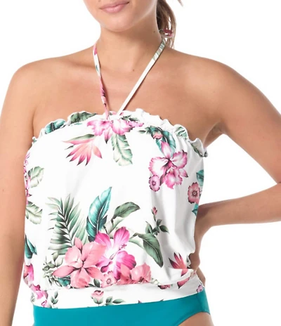 Coco Reef Spice Tropical Floral Bra Size Underwire Ruffle Detail Blouson Tankini Swim Top