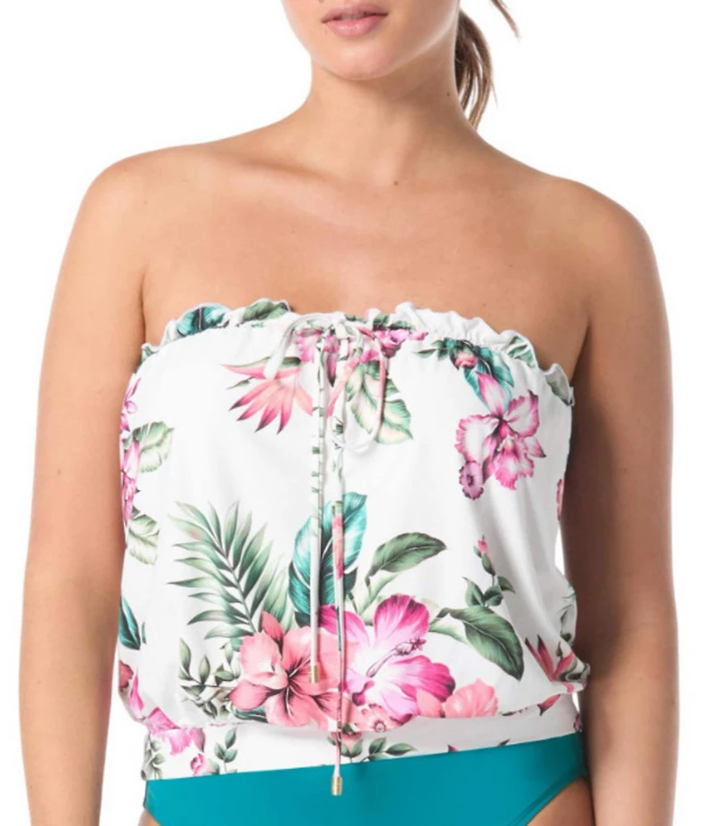 Coco Reef Spice Tropical Floral Bra Size Underwire Ruffle Detail Blouson Tankini Swim Top