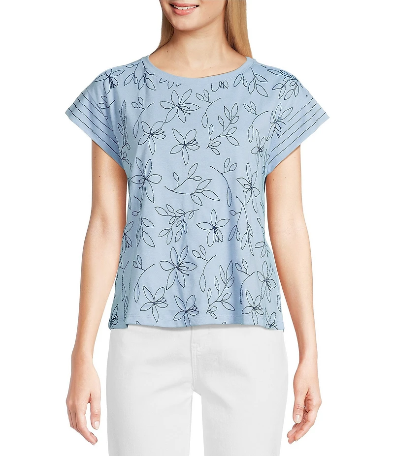 Code Bleu Crew Neck Short Sleeve Floral Embroidered Tee Shirt
