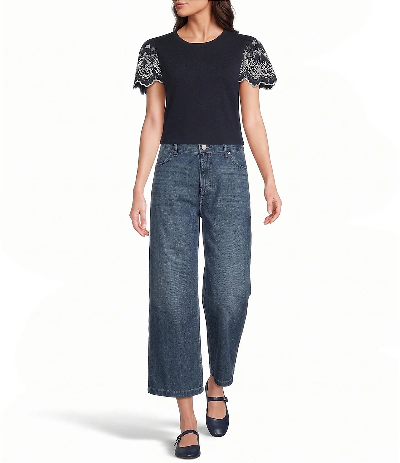 Code Bleu Denim High Rise Wide Leg Crop Length Elastic Back Jeans