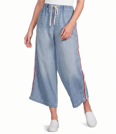 Code Bleu Denim High Rise Wide Leg Crop Length Tie Waist Leg Stripe Jeans