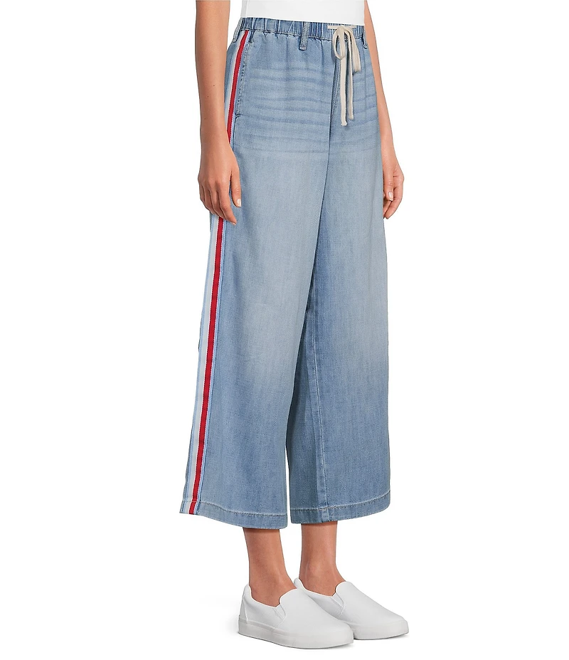 Code Bleu Denim High Rise Wide Leg Crop Length Tie Waist Leg Stripe Jeans