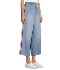 Code Bleu Denim High Rise Wide Leg Crop Length Tie Waist Leg Stripe Jeans