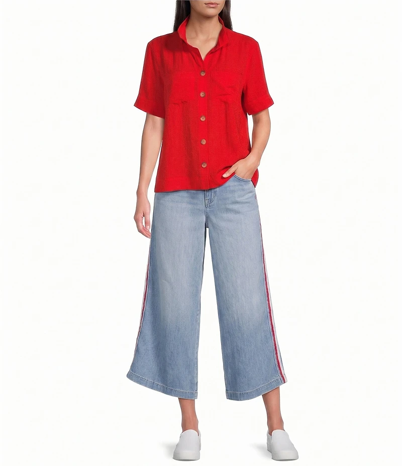 Code Bleu Denim High Rise Wide Leg Crop Length Tie Waist Leg Stripe Jeans
