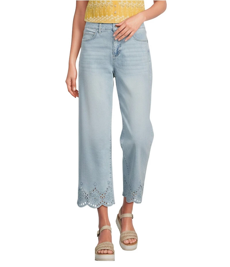 Code Bleu Denim High Rise Wide Leg Eyelet Embroidered Capri Jeans
