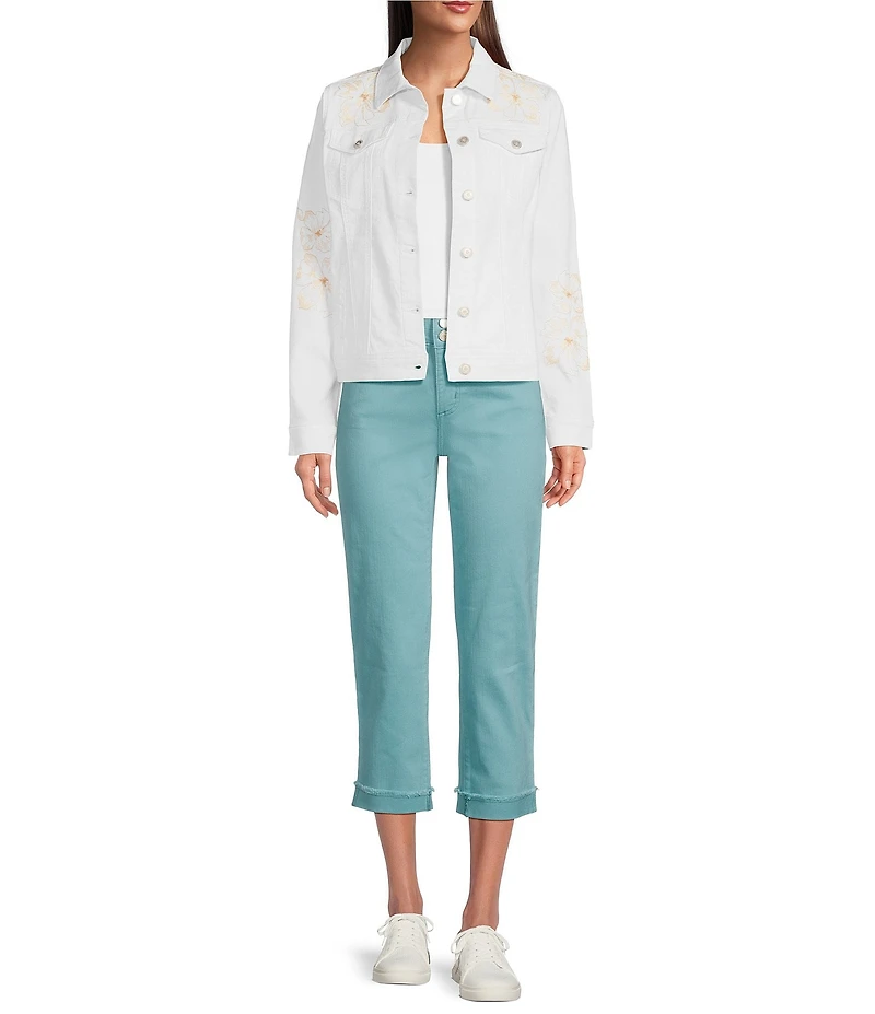 Code Bleu Floral Embroidered Point Collar Long Sleeve Denim Jacket