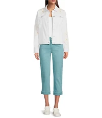 Code Bleu Floral Embroidered Point Collar Long Sleeve Denim Jacket