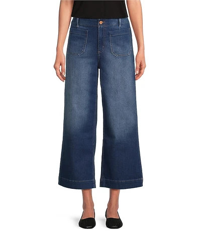 Code Bleu Hollywood Waist High Rise Wide Leg Patch Pocket Cropped Jeans