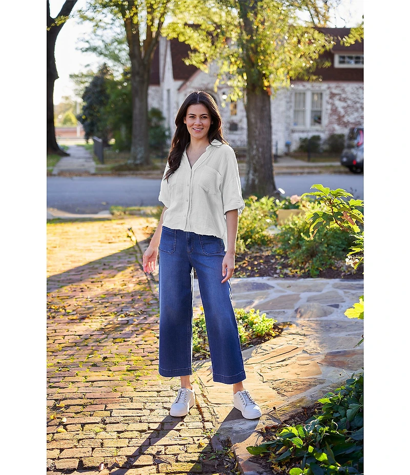 Code Bleu Hollywood Waist High Rise Wide Leg Patch Pocket Cropped Jeans